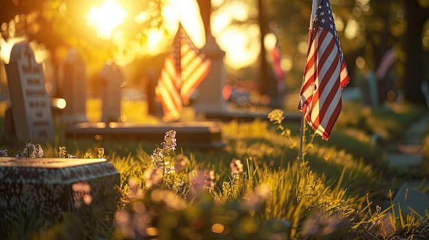 Tranquil cemetery setting at sunset with American flags and tombstones creating a serene ambiance