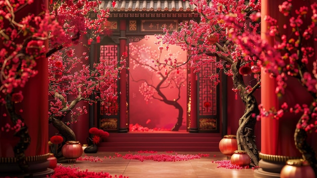 Tranquil Chinese Courtyard with Red Walls and Pink Plum Blossoms