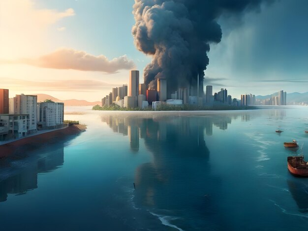 A tranquil cityscape reflected in water disrupted by ominous smoke from a building