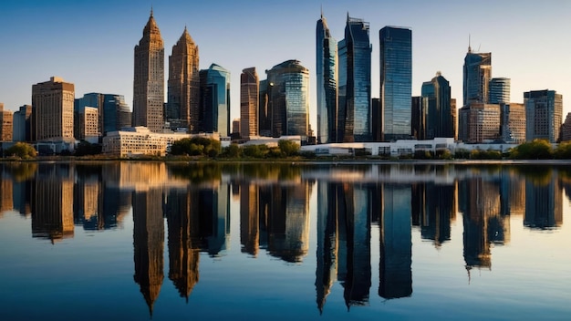 Tranquil cityscape with skyscrapers reflected in water at sunset