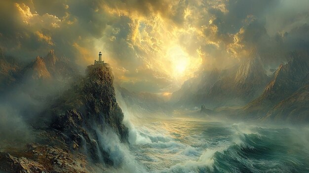 Tranquil Coastal Landscape Featuring Lighthouse on Cliff with Waves in Soft Pastel Colors