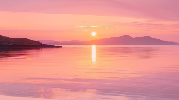 A tranquil coastal scene as the sun rises over the horizon casting a golden reflection on the calm waters and painting the sky in hues of pink and orange