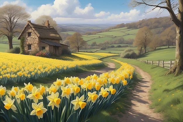 Tranquil Countryside Daffodils Swaying in Wind Digital Painting