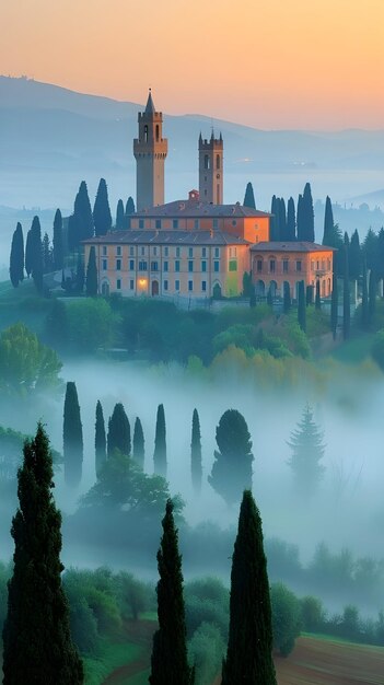 A tranquil countryside scene at dawn