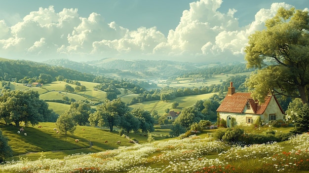 A Tranquil Countryside Scene Dotted Background