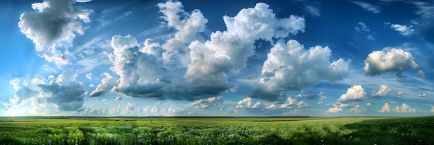 Tranquil Countryside Under White Cumulus Clouds with Rolling Green Fields and Sunlit Landscape