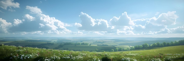 Tranquil Countryside Under White Cumulus Clouds with Rolling Green Fields and Sunlit Landscape