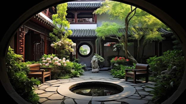 A tranquil courtyard with a traditional Chinese moon gate