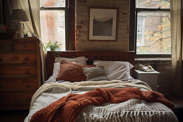 Photo tranquil cozy bedroom with autumn decor rustic urban retreat with warm hues