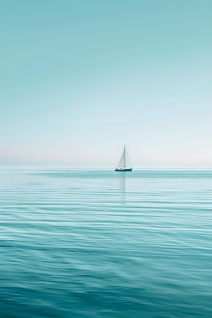 Photo tranquil cyan seascape with serene waters and distant sailboat reflecting infinite horizons