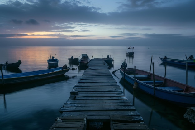 Tranquil Dawn at a Fishing Dock with Boats and Fishermen Preparing Gear