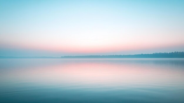 Photo a tranquil dawn sky with subtle hues of pink and blue as the sun rises over a calm lake