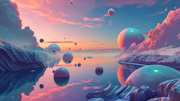 Tranquil dawn over a surreal icy lake with pink clouds and floating orbs reflecting in the water