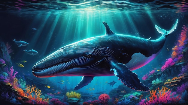 Tranquil depths of the Black Sea a majestic whale emerges illuminated by vibrant neon hues casting a