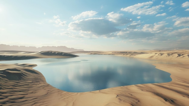 Photo tranquil desert lake with surrounding sand dunes under a vast cloudy sky creating a serene and expansive landscape