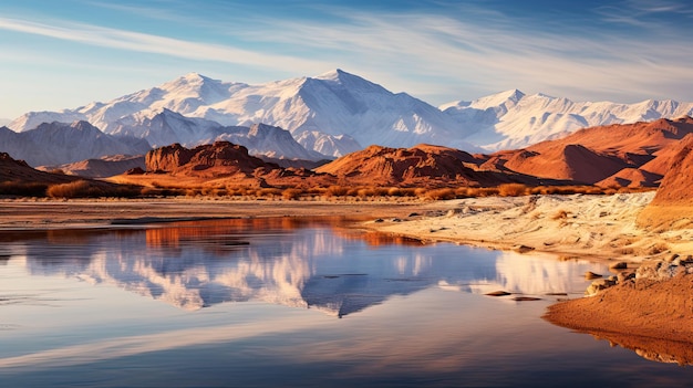 Tranquil Desert Morning with Reflecting Snow-Capped Horizontal Mountain Range in Potrerillos,