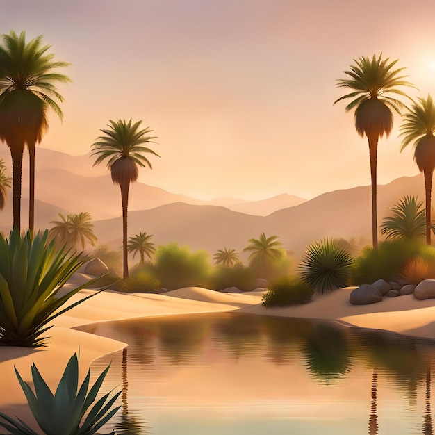 Photo tranquil desert oasis under palm trees and pond