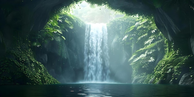 Tranquil Digital Painting of a Hidden Cave Waterfall with Lush Green Vegetation Concept Digital Painting Tranquil Scene Hidden Cave Waterfall Lush Greenery