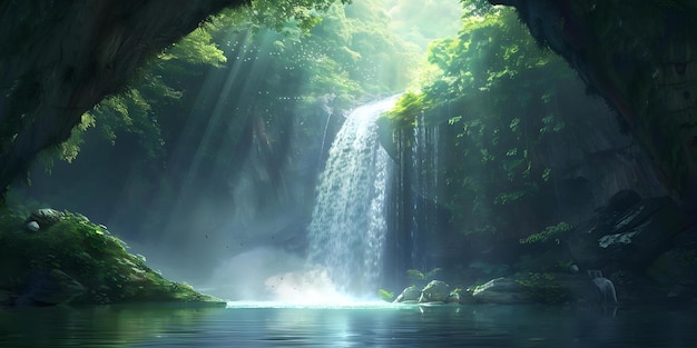 Tranquil Digital Painting of a Hidden Cave Waterfall with Lush Green Vegetation Concept landscape painting hidden waterfall cave scenery lush vegetation tranquil setting