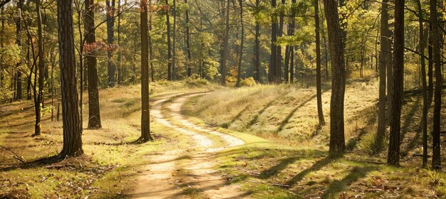 Photo a tranquil dirt path winding through a lush forest interior with trees and plants