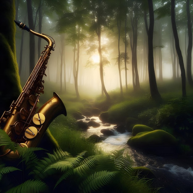 In the tranquil embrace of a misty forest clearing at dawn the saxophones dulcet tones echo softly