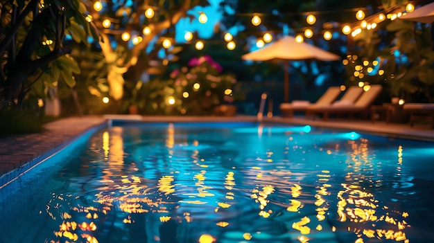 Photo tranquil evening by the pool blurred background with bokeh lights