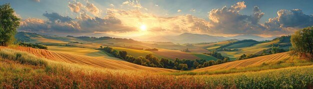 Photo tranquil farm landscape bathed in sunlight with copy space a serene countryside scene with lush crops and rolling hills for advertisement banner