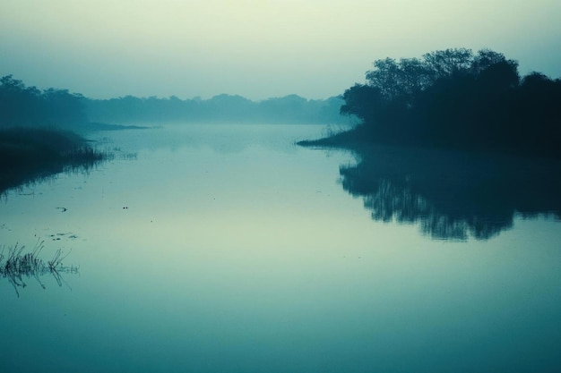 Tranquil Foggy Lake at Dawn