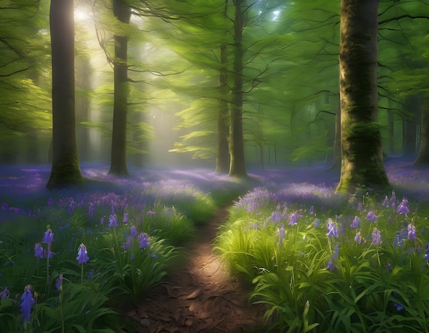 A tranquil forest clearing filled with bluebells