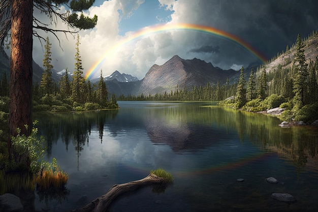 A tranquil forest lake surrounded by lush greenery and mountains with a rainbow in the sky