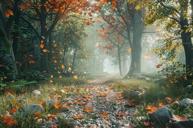 Tranquil forest path carpeted with fallen leaves o