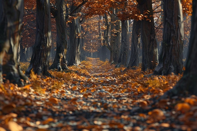 Tranquil forest path carpeted with fallen leaves o