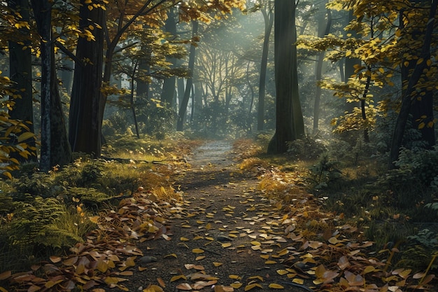 Tranquil forest path carpeted with fallen leaves o