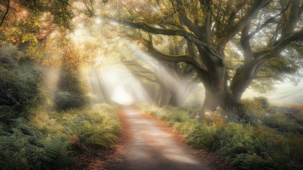 Photo a tranquil forest path winding through tall ancient trees with sunlight streaming through the canopy the path is lined with ferns and wildflowers and the ground is covered with a thick layer of