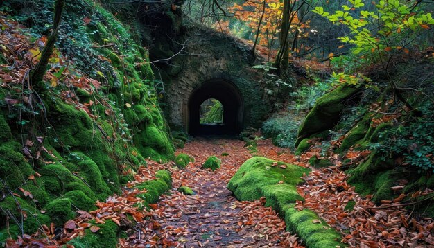 Photo a tranquil forest pathway leads through a mosscovered tunnel in autumn showcasing fallen leaves and