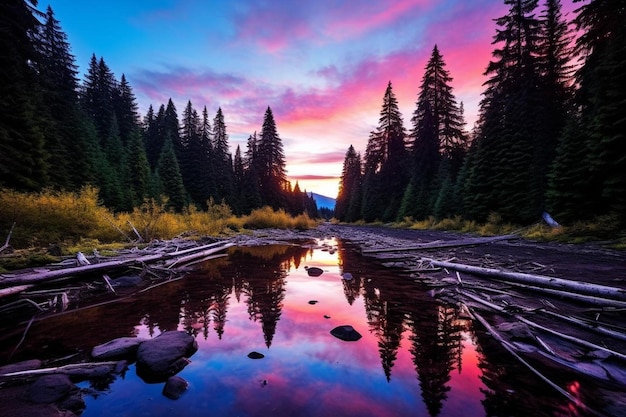 Tranquil forest pond at dusk reflects multi colored sky