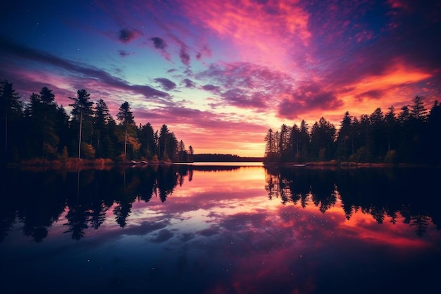 Tranquil forest pond at dusk reflects multi colored sky