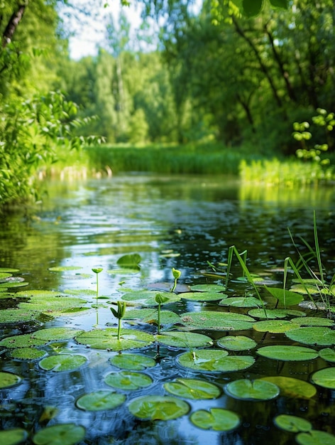 Photo tranquil forest pond with lush greenery and water lilies