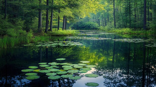 Photo tranquil forest pond with water lilies and reflections