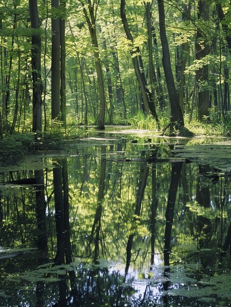 Tranquil Forest Reflection Serene Nature Scene with Lush Greenery and Still Water