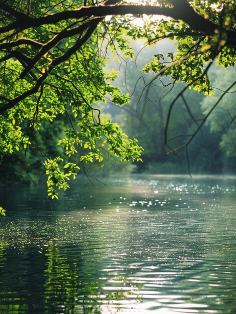 Tranquil Forest Reflection Serene River Scene with Lush Greenery