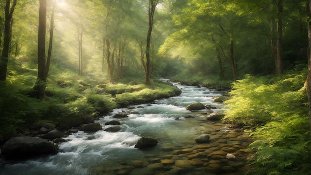 tranquil forest scene realistic camera shot