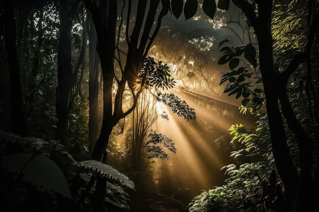 Tranquil forest scene with sunbeams filtering through lush greenery generative AI