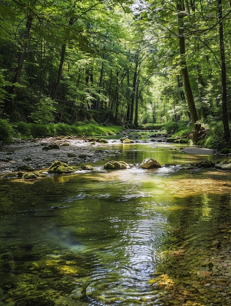 Tranquil Forest Stream Serene Nature Landscape with Lush Greenery and Reflective Water