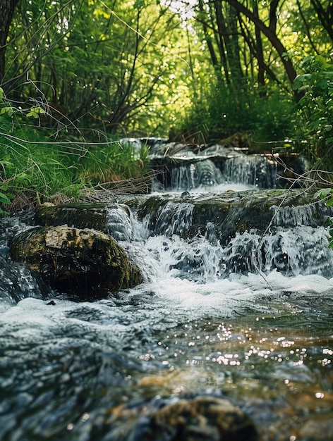 Tranquil Forest Stream with Cascading Waterfalls