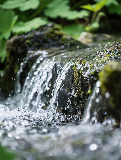 Tranquil Forest Stream with Flowing Water and Mossy Rocks