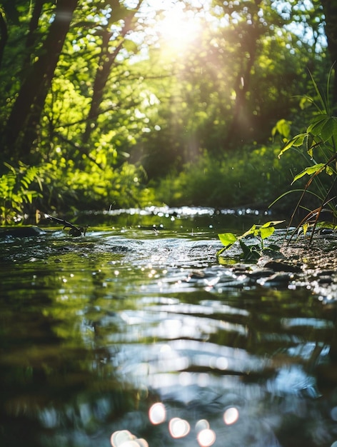 Tranquil Forest Stream with Sunlight Reflection and Lush Greenery