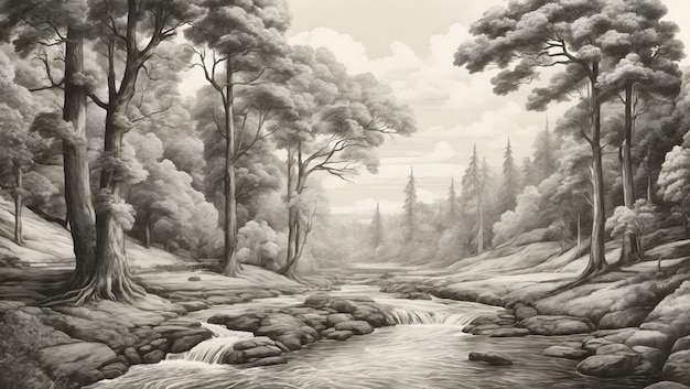 A tranquil forest with towering trees and a winding river running through it illustration