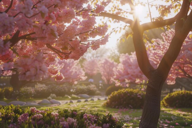 Tranquil Garden of Blooming Cherry Blossoms