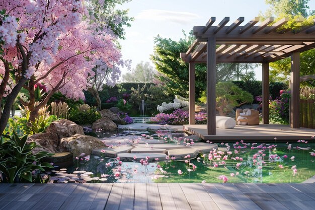 A tranquil garden oasis with blooming flowers